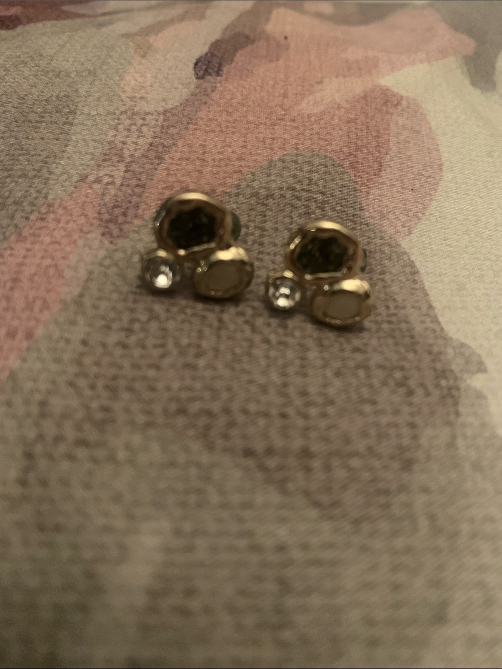 Gold Tone Triple-Cluster Stud Earrings with Coloured Stones
